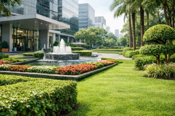 landscaping with waterfall in office buildings