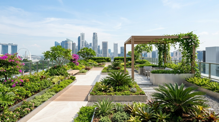 Modern rooftop garden in Singapore with tropical plants and green roof design